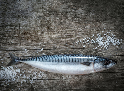 Fresh raw fish mackerel on a wooden table. Rustic style.