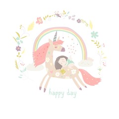 Cute cartoon girl with unicorn