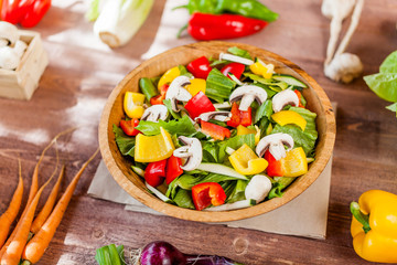 vegetable salad bowl on kitchen table, balanced diet