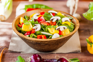 vegetable salad bowl on kitchen table, balanced diet