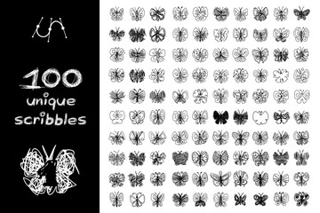  vector SET 100 butterfly SCRIBBLES Part 1. Clip art isolated on transparent background.