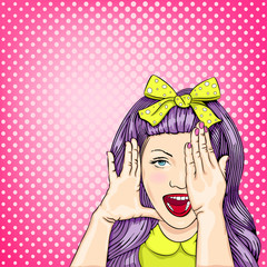 Comic book isolated on background. Pop art retro style. Surprised girl with open mouth. Comic woman. Advertising poster.  Romantic girl hiding her face. 