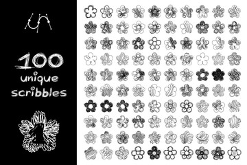 Fototapeta na wymiar vector SET 100 flower SCRIBBLES Part 1. Clip art isolated on transparent background.