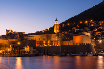 Fototapeta na wymiar Dubrovnik Croatia City Center During Sunset Twilight Blue Hour Beautiful Cityscape