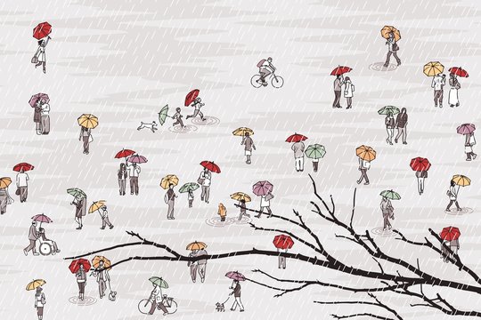 Tiny grey people with colorful umbrellas and tree branch in the foreground: pedestrians in the street, a diverse collection of small hand drawn men, women and kids walking through the rain