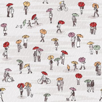 Seamless pattern of tiny grey people with colorful umbrellas: pedestrians in the street, a diverse collection of small hand drawn men, women and kids walking through the rain