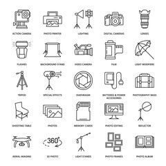 Photography equipment flat line icons. Digital camera, photos, lighting, video cameras, photo accessories, memory card, tripod lens film. Vector illustration, signs for photo studio or store. - obrazy, fototapety, plakaty