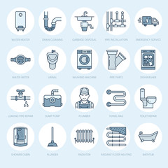 Plumbing service vector flat line icons. House bathroom equipment, faucet, toilet, pipeline, washing machine, dishwasher. Plumber repair illustration, thin linear signs for handyman services.