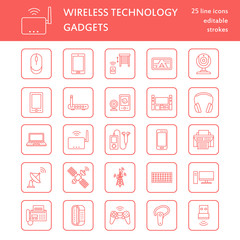 Wireless devices flat line icons. Wifi internet connection technology signs. Router, computer, smartphone, tablet, laptop, printer, satellite. Vector linear illustration linear for electronic store.