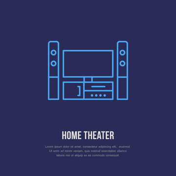 Entertainment System With Blank Screen Flat Line Icon. Wireless Technology, Home Theater Sign. Vector Illustration Of Devices For Electronics Store.