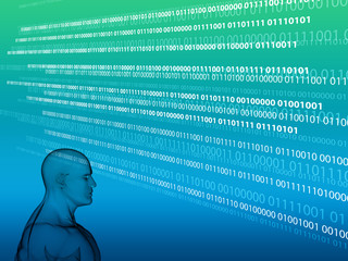 3D rendering of Human head on a colorful background with binary code