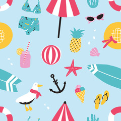 Colorful summer seamless pattern with hand drawn elements pineapple, ice cream, seagull, surfboard, ball, swimwear, hat, beach umbrella, sunglasses, lifebuoy, starfish, drink, flip flops, anchor.