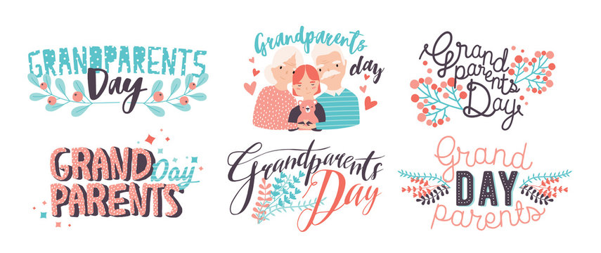 Grandparents day lettering. Different hand drawn colorful inscriptions with curly fonts and decor elements.