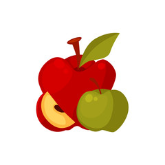 Group of cartoon style apple fruits, whole and slice, vector illustration isolated on white background. Cartoon style whole, uncut, unpeeled apples and apple slice, farm product