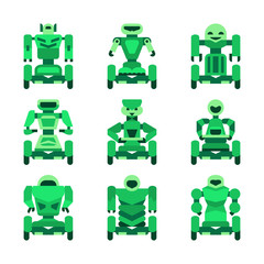 Green robots on wheels icons set