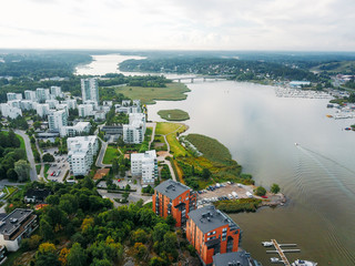 Finland Turku city Aerial with Aura River / Waterfront