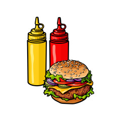 Vector burger sketch hand drawn with mustard sauce, ketchup squeeze bottles set. isolated illustration on a white background. Tasty fresh fastfood chickenburger, cheesburger with vegetables.