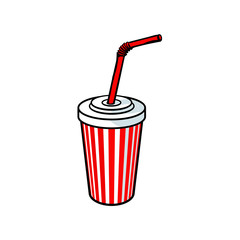 vector sketch hand drawn plastic, paper disposable soft cold drink cup with lid and straw. Isolated illustration on a white background. Cola, soda juice water, beverage cup.