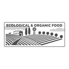 Horizontal agriculture logo, badge, label with fields and water towers over forest and cloudy sky background, vector illustration.
