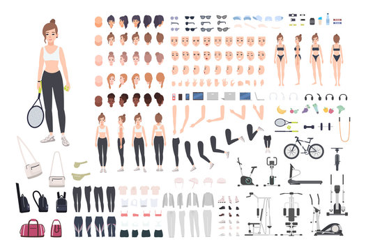 Sports girl character constructor. Fitness woman creation set. Different postures, hairstyle, face, legs, hands, equipment, clothes collection. Vector cartoon illustration. Front, side, back view.