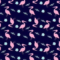 Seamless pattern of a pelican with flowers
