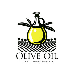 vector olive oil logo icon brand concept with bottle, olive branch. Isolated illustration on a white background Fresh natural food, agriculture and healthy eating concept