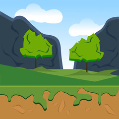 Colorful cartoon landscape with green meadow and mountains