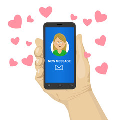 Valentine's day illustration. Send or receive love sms, email with mobile phone. Hand hold cellphone. Flying red hearts