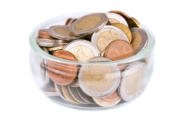 Full of euro coins in a jar