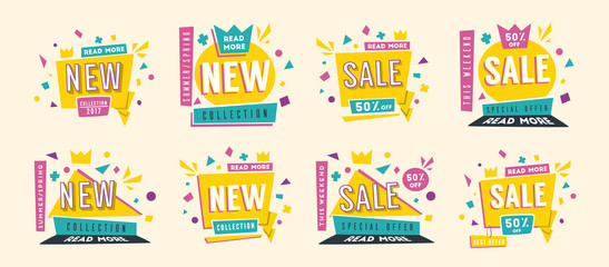 Sale banners. Bright and retro style. Cartoon vector illustration.