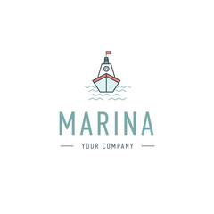 Vector marina, steering wheel logo template, abstract business icon. Ship and waves. Steamboat. Sailboat. Fishing.