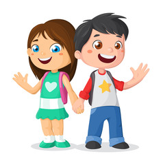 Schoolchildren are holding hands. Boy and girl with backpack waving their hands. Back to school illustration