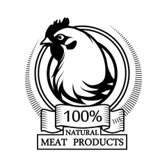 Logo 100% natural meat. Trademark with a chicken. Black silhouette of a hen. Professional label