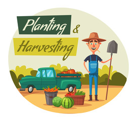 Naklejka premium Planting and harvesting. Cartoon vector illustration.