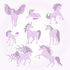 Vector unicorns image collection. Elements for design. Set of cute pink and lilac unicorns. Fairy magic elements, isolated vector objects, flat design illustration. Beautiful horses with horn