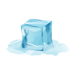 Melted ice cube with transparency, 3d vector element. Snowy piece on white background. Isolated ice piece in cartoon style for your design. Template for leaflet or banner. Vector illustration art.