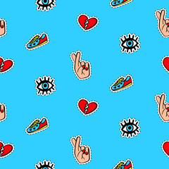 Seamless pattern with fashionable patch badges set, on blue background