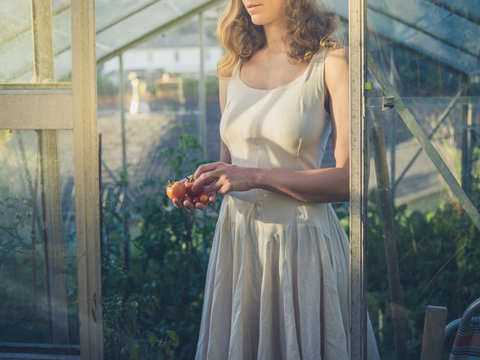 Woman in dress with tomatoes in greenhouse