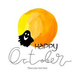 Happy October abstract ink lettering. Ghost horror card template with words. Yellow festive illustration. Grunge moon watercolor background