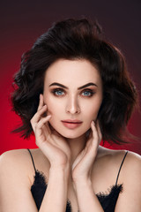 Naklejka premium Face Skin Care. Woman With Makeup And Beautiful Skin