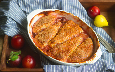 Cobbler with fruit filling, rustic style, selective focus