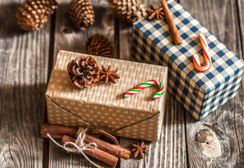 Christmas gift boxes on wooden background