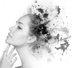 Double exposure of young woman and blots