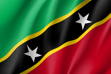 Flag Saint Kitts realistic icon. State insignia of the nation in realistic style on the entire page. Waving state flag. National symbol in the form of a vector illustration