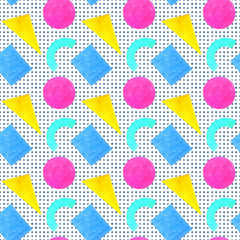 Memphis seamless pattern of geometric shapes 80's-90's styles on white background