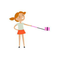 Teen girl with funny ponnytails making selfie with phone and monopod, flat style cartoon vector illustration isolated on white background. Pretty teen girl making selfie with her smarphone