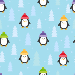 Cute cartoon penguins seamless pattern. Vector winter background.