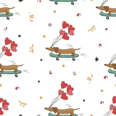 Wallpaper murals Dogs Seamless pattern with cute dachshund and heart ballons. Vector holiday background. Valentines day. 