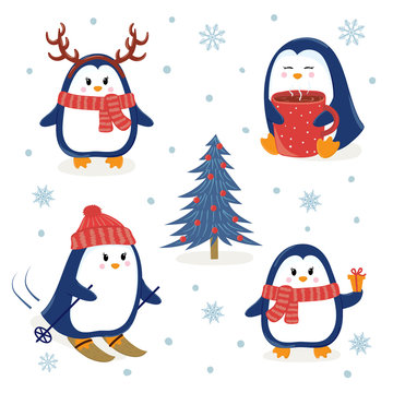 Cute penguins set. Merry Christmas and Happy New Year greetings. Vector illustration.