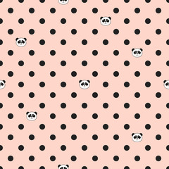 Polka dot pattern with cute panda bear. Vector pink seamless background. © Afanasia